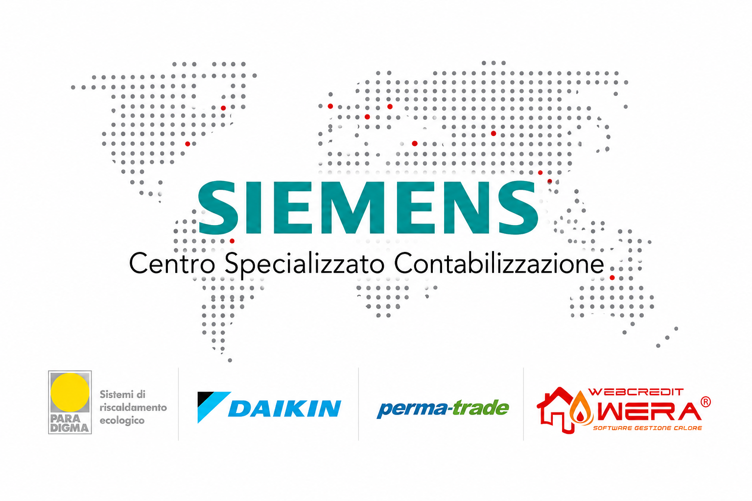 Loghi dei partner tecnologici SIRBI: Siemens Centro Specializzato Contabilizzazione, Paradigma, Daikin, Perma-Trade e WERA Webcredit